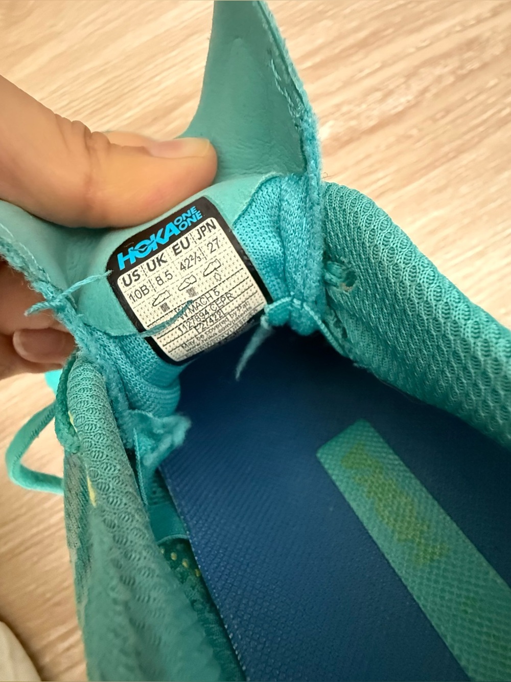 Hoka Women’s 10 B Mach 5 Sneakers Ceramic Teal Blue Yellow Workout Active - Picture 6 of 8